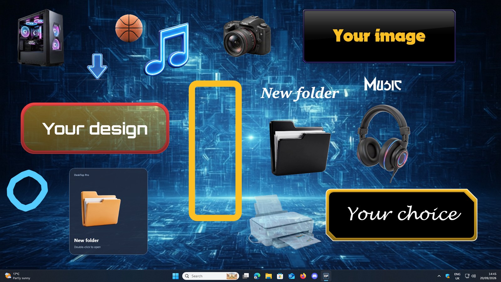 A colourful Desktop Pro workspace demonstrating custom images, labels, shapes, folders and links