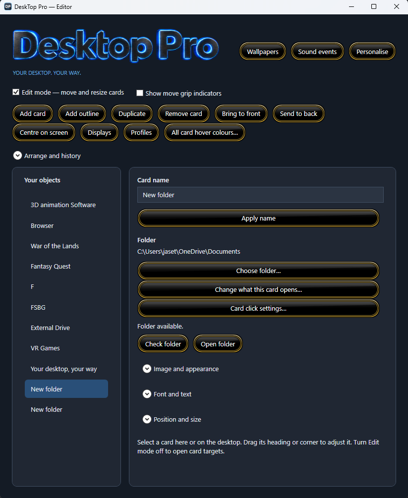 Desktop Pro editor showing wallpaper, personalisation, card management and folder target controls